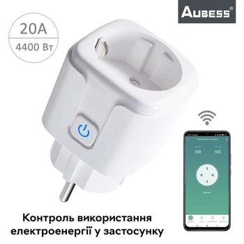 Розумна смарт Wi-Fi розетка Aubess 20A (220 В, 4400 Вт, Android/iOS, підрахунок електроенергії, Smart Life, розумний будинок) - Білий