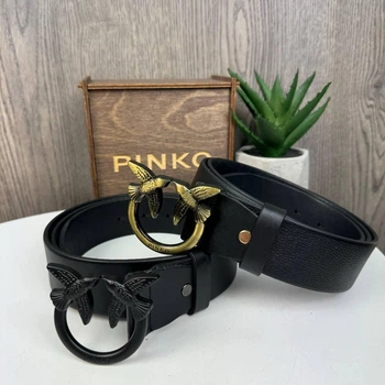 Кожаный женский ремень Pinko натуральная кожа широкий чорний пояс з птичками для жінок стильний жіночий ремінь