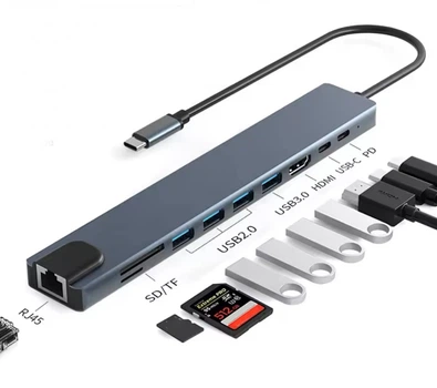 USB Type-C перехідник Хаб концентратор 10 в 1 USB 2.0 3.0 Кардрідер SD TF HDMI 4k/30Hz PD 100W Інтернет RJ45 100Mb/s