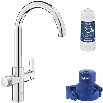 Смеситель кухонный с подключением к фильтру GROHE Blue Pure StartCurve 30592000 + головка для подключения фильтра Blue 64508001 + фильтр Blue S-Size BWT 40404001 (30594040)