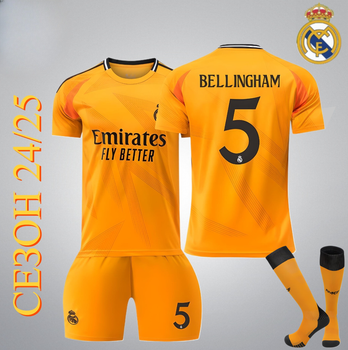 Футбольна форма Real Madrid BELLINGHAM (Реал Мадрид Белінгем), сезон 24/25 з гетрами (розмір 34-38), розмір 26 на зріст 140-145 см, помаранчева