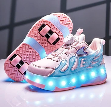 Роликовые кроссовки для девочек с LED подсветкой розовые на 4-х колесах (DL133) Р.34(21.4см)