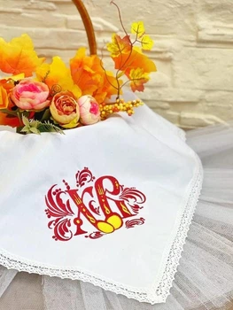 Пасхальна серветка Family Tradition сатин з вишивкою мереживом 50х50 см біла Христове Воскресіння