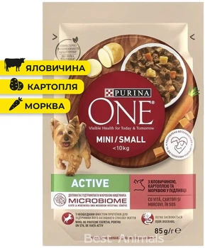 Вологий корм для собак малих порід Purina One з яловичиною картоплею та морквою в підливці пауч 85 г 1 шт (8445290298287)