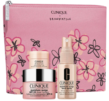 Набір для догляду за обличчям Clinique Крем Moisture Surge SPF 25 Sheer Hydrator зволожувальний 30 мл + Спрей для обличчя Moisture Surge 50 мл + Крем для шкіри навколо очей All About Eyes 5 мл + Косметичка (0192333236697)