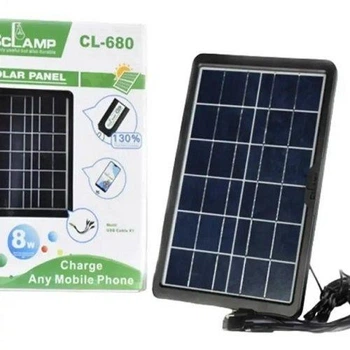 Сонячна панель Clamp CLl-680 8 Вт із USB виходом, водонепроникна IP65 для заряджання телефонів, планшетів, павербанків, ліхтариків 183×273 мм