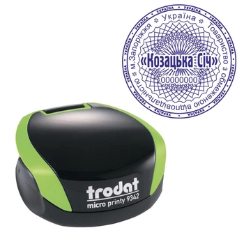 Печать ТОВ на карманной оснастке TRODAT Micro Printy 9342 диаметром 42 мм Зелёный (ТОВ2/9342/G)