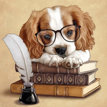 Алмазна мозаїка (вишивка) Песик на книгах, 20х20 см, повна викладка, квадратні камені, без підрамника
