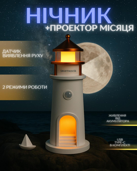 Нічник маяк з проекцією місяця з датчиком руху LightHouse 3D у спальню дитячу розумний світильник 3д проектор місяця з акумулятором тепле світло + кораблик