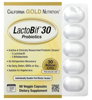 Пробіотики California Gold Nutrition, LactoBif® 30, 30 млрд КУО, 60 вегетаріанських капсул