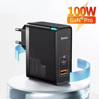 Зарядное сетевое устройство Baseus GaN5 Pro 100W Type-C + USB с функцией быстрой зарядки QC4.0+PD3.0 + Кабель Type-C to Type-C 100W 1m (CCGP090201) Black