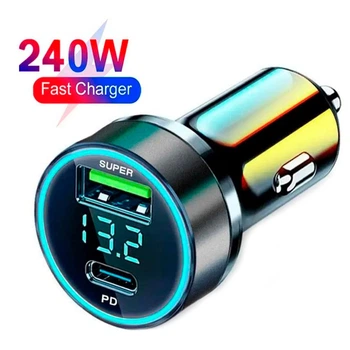 Быстрое автомобильное зарядное устройство от прикуривателя 240W 1 USB + 1 Type-C PD с цифровым дисплеем для ноутбуков, планшетов, смартфонов Apple iPhone, iPad, MacBook, Huawei, Honor, Xiaomi, Samsung, OPPO, Redmi, Realme 604