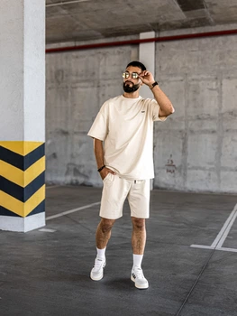 Спортивный костюм мужской oversize летний с футболкой бежевый комплект шорты и футболка оверсайз с принтом Lite S