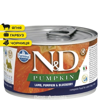 Вологий корм для собак малих порід Farmina N&D Pumpkin Фарміна з ягням гарбузом та чорницею консерва 140 г (8606014102338)