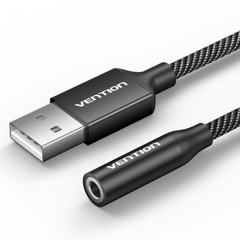Звуковая карта USB внешняя Vention 0.25 м 96 кГц/24 бит Порт гарнитуры 2-в-1 DSP шумоподавление Алюминиевый корпус Совместимость OMTP CTIA Черный