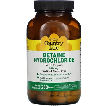 Бетаїн гідрохлорид Country Life "Betaine Hydrochloride" з пепсином, папаїном та бромелаїном, 600 мг (250 таблеток)