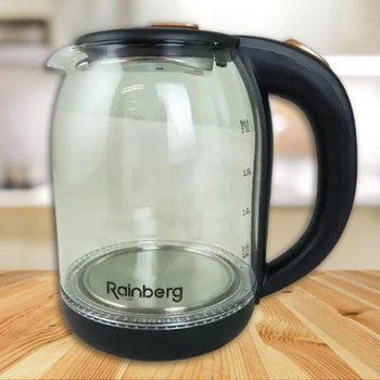 Електрочайник Rainberg електричний чайник скляний 2.0 л з LED підсвічуванням, Чорний