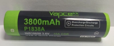 Аккумулятор Vapcell P1838A 18650 3800 мАч 10 А с защитой и разъемом заряда USB-C