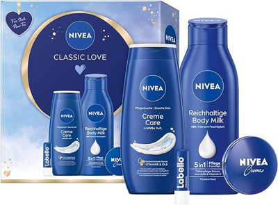 Zestaw kosmetyków do pielęgnacji ciała Nivea Classic Love Żel pod prysznic Cream Care 250 ml + Balsam do ciała Reichhaltige 400 ml + Balsam do ust Labello 4.8 g + Krem do ciała 30 ml (4006000036052)