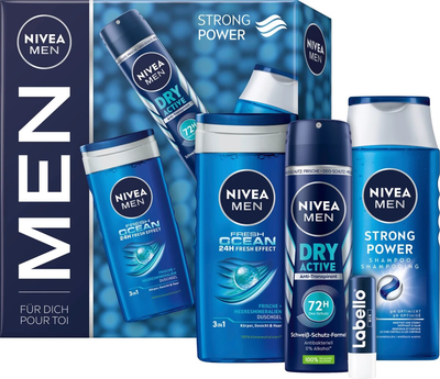 Zestaw dla mężczyzn Nivea Men Strong Power Żel pod prysznic Freash Ocean 250 ml + Szampon Strong Power 400 ml + Balsam do ust Labello 5.5 ml + Dezodorant w sprayu Dry Frash 150 ml (4006000036113)
