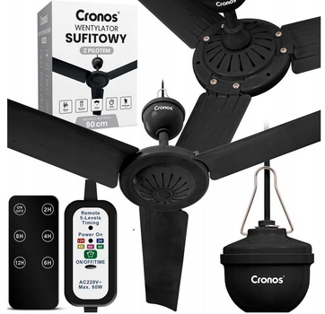Стельовий вентилятор Cronos 90 см на пульті дистанційного керування з таймером Чорний