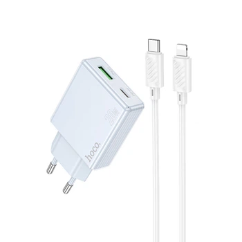 Сітчастий зарядний пристрій Hoco C142A PD20W + QC3.0 (1Type-C/1USB) швидка зарядка для устройств + кабель Type-C to Lightning Синій