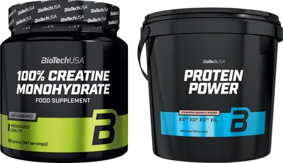 Набор Biotech 100% Creatine Monohydrate порошок 500 г + Biotech Protein Power порошок 4 кг Клубника-банан (5999076227419) + (5999076223718)
