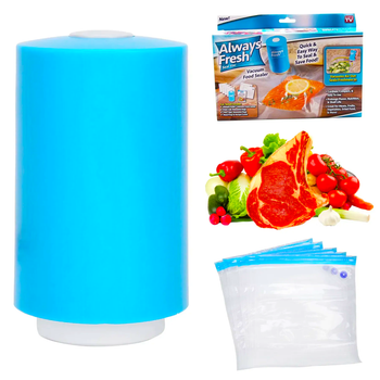 Вакуумний пакувальник для продуктів + 6 пакетів, від батарейок, Always Fresh / Ручний вакууматор (L)