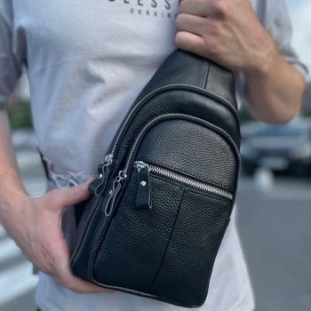 Чоловіча сумка слінг через плече TIDING BAG A25F-5060A чорний колір натуральна шкіра
