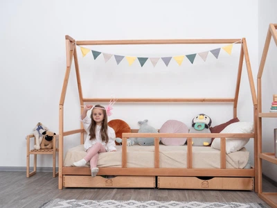 Дитяче ліжко будиночок Монтессорі від Busy Wood на ніжках з ящиками 2х45см Модель 1 натуральне дерево 120х60 см