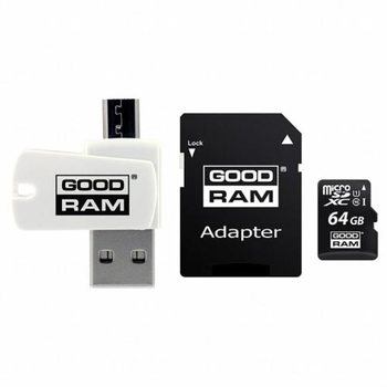Карта памяти microSDXC, 64Gb, Goodram M1A4, Class10 UHS-I U1, SD адаптер, OTG картридер, до 100/10 МБ/с (M1A4-0640R12)
