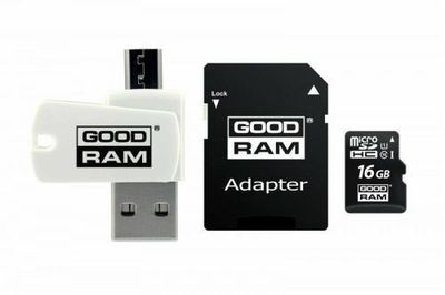 Карта памяти microSDHC, 16Gb, Goodram M1A4, Class10 UHS-I U1, SD адаптер + OTG картридер, до 100/10 МБ/с (M1A4-0160R12)