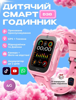 Детские смарт часы D38 с SIM картой, GPS, прослушиванием, видеозвонком, 4G Play Market, Операционная система Android Розовый