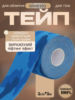 Кінезіо тейп для обличчя та тіла Kinesio tape, розмір 5см*5м, синій комуфляж (LS-KT-06-5)