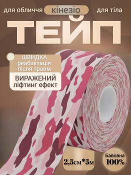 Кінезіо тейп для обличчя та тіла Kinesio tape, розмір 2,5см*5м, рожевий комуфляж (LS-KT-05-2_5)