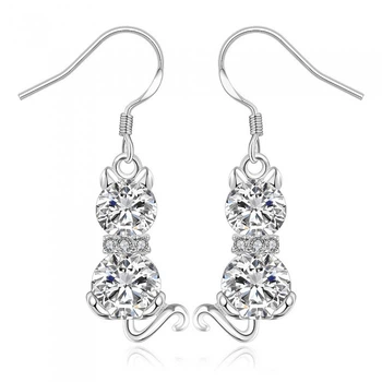 Серьги-подвески, Латунь + Фианиты, Кошка, Серебро, 35х10мм, 1 пара