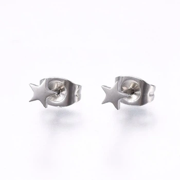 Сережки Пусети, Нерж. Сталь, Зірка, 4x4x1мм, Штифт: 0.8мм, 1 пара