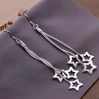 Серьги-подвески, Латунь, Серьги висячие, Звездочки на цепочке, Серебро, 85мм, 1 пара
