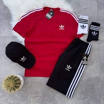 Костюм Adidas футболка шорти кепка чорні 2 пари шкарпеток червоний XL