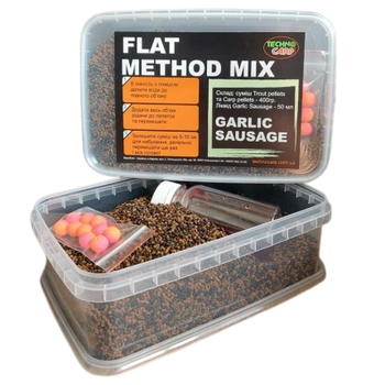 Флет Метод Мікс Техно Карп Flat Method Mix Garlic / Sausage (часник / сосиска) 400g + Liquid,80740