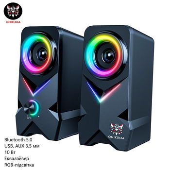 Комп'ютерні колонки Onikuma L2 (Bluetooth 5.0, USB, AUX 3.5 мм, RGB-підсвічування, 10 Вт, еквалайзер) - Чорний
