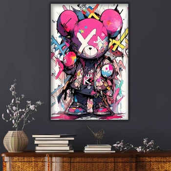 Картина на полотні 40х60см - Graffiti pink bear. Інтер'єрна картина на холсті для дому та офісу. Яскравий постер