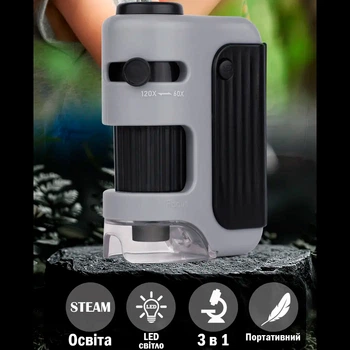 Детский Портативный Мини Микроскоп Posket Microscope 60x-120x с LED подсветкой для наблюдения