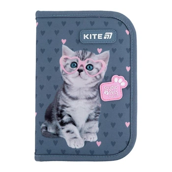Пенал Kite StudioPets "Котенок в очках" 1 отделение с 2 отворотами каркасный на молнии серо-синий (SP25-622-1)