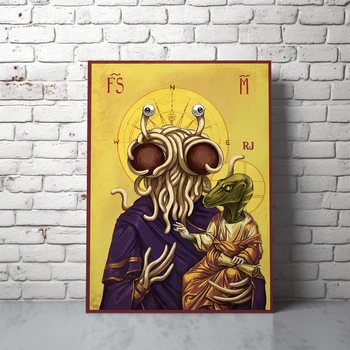 Интерьерная картина Макаронный монстр и рептилоид, Пастафарианство, икона, 40×30 см (id6246)