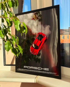 Картина сувенир с масштабной моделью авто Porsche 911 метал рамка дерево 50x70см