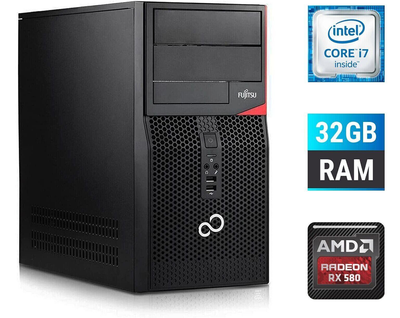 Игровой ПК Fujitsu Tower / Intel Core i7-6700 (4 (8) ядра по 3.4 - 4.0 GHz) / 32 GB DDR4 / 250 GB SSD + 1000 GB HDD / AMD Radeon RX 580, 8 GB GDDR5, 256-bit б/у