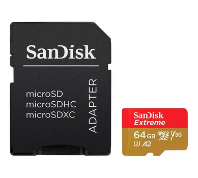 Карта пам'яті microSDXC (UHS-1 U3) SanDisk Extreme For Action Cams and Drones A2 64Gb class 10 V30 (R170MB/s,W80MB/s) (adapter) (SDSQXAH-064G-GN6AA)