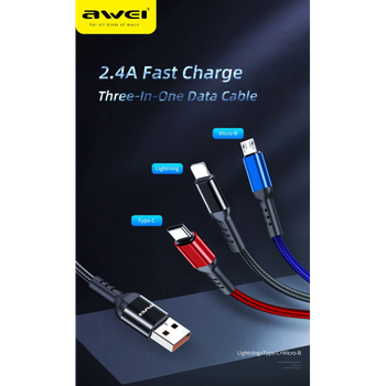 Кабель для зарядки телефонов AWEI CL 971 3 в 1 USB to Type-C+Lightning+MicroUSB 2,4A 1,2 м