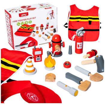 Zestaw małego strażaka LEAN Toys z kamizelką i drewniane akcesoria 14 elementów 22035 (5905991043904)